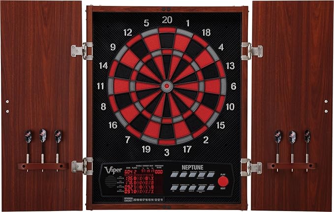 Viper by GLD Products Neptune Electronic Dartboard Cabinet Combo Pro Size Over 55 Games Large Auto-Scoring LCD Cricket Display Extended Dart Catch Area 16 Player Multiplayer with Soft Tip Darts and Power Adapter , 21.5" L x 26.5" W x 3.5" H
