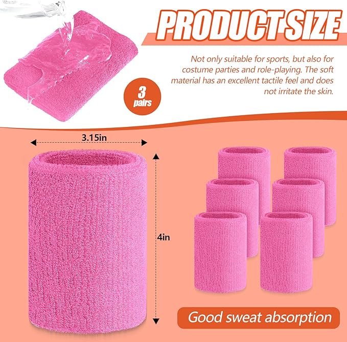 Wettarn 6 Pcs 4 Inch Wrist Sweatbands Tennis & Gymnastics Wristbands for Grips & Sport Cotton Elastic Thick Wrist Bands for Tennis & Football