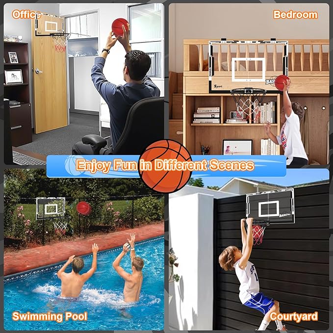 Large Indoor Mini Basketball Hoop Set for Kids and Adult 24 X 16 Inch Board Family Games for Home and Office Door & Wall with 3 Balls and Complete Accessories, Basketball Toy Gift for Boys Girls Teens