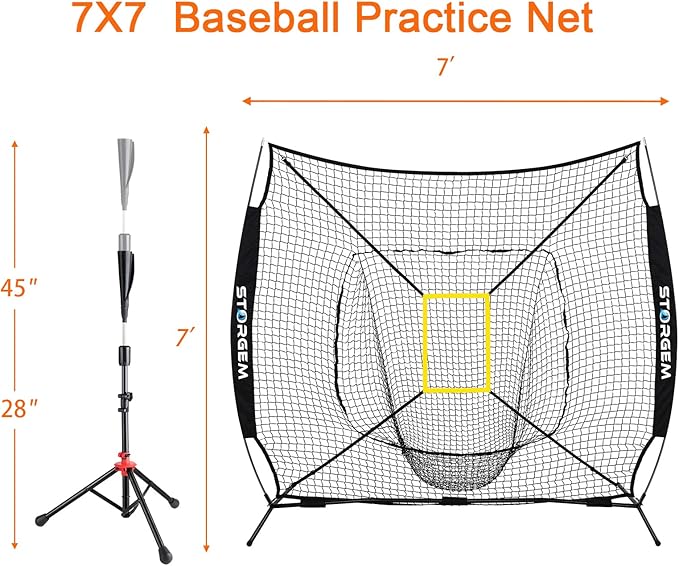 Storgem Baseball and Softball Practice Net 7×7ft Portable Hitting Pitching Batting Training Net Baseball Backstop Net with Batting Tee and Strike Zone and Bow Frame