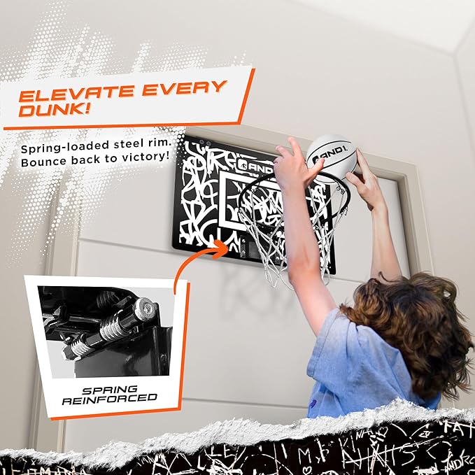 AND1 Over the Door Mini Basketball Hoop: 18x12 Shatterproof Backboard, 2 Mini Basketballs, and Hand Pump Included- Ultimate Indoor Basketball Accessory for Kids and Adults, No Tools Required
