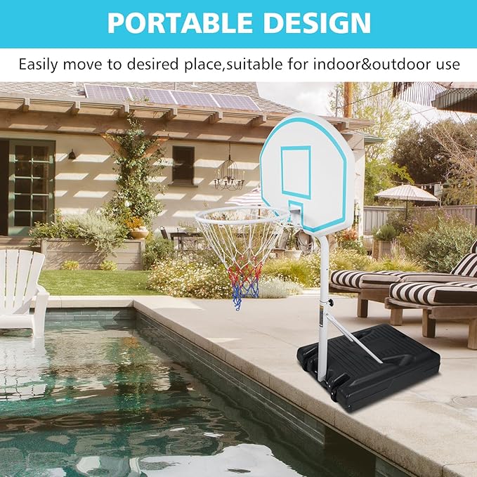 Pool Basketball Hoop, Adjustable Poolside Basketball Hoop with Wheels, Outdoor Height Adjustable Swimming Pool Basketball Goal Set, Perfect for Swimming Pool & Home Play
