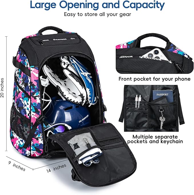 Baseball Bag for Youth and Adult, Softball Backpack 50L Large Capacity, Equipment Backpack with Laptop Compartment and Charge Port