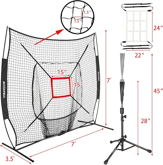 7'×7' Baseball Softball Practice Net,Baseball Backstop,with Batting Tee,for Hitting Pitching Batting Catching with Bow Frame,Bonus Strike Zone
