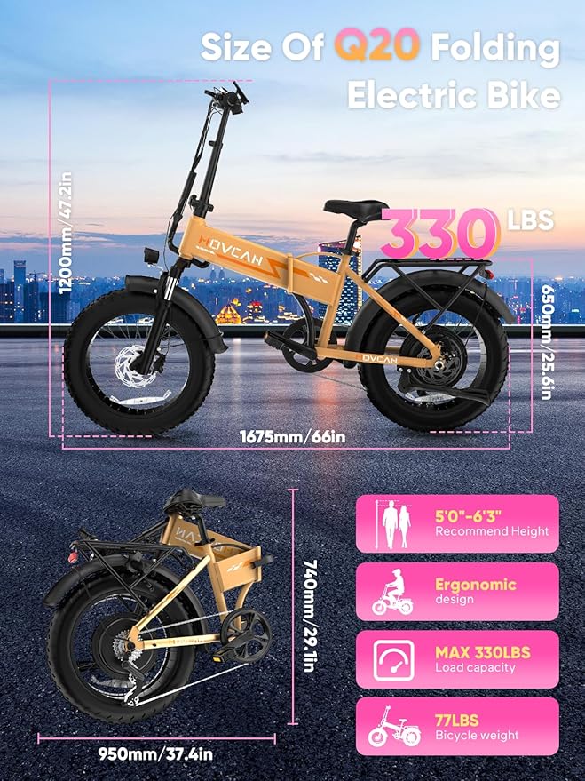 Q20 Folding Electric Bike, 52V 15.6Ah Removable Concealed Battery 20” Fat Tire Dirt Bike,1500W Motor 30 MPH Top Speed E Bikes, 7 Speed Dual Hydraulic Brake Electric Bikes for Adults