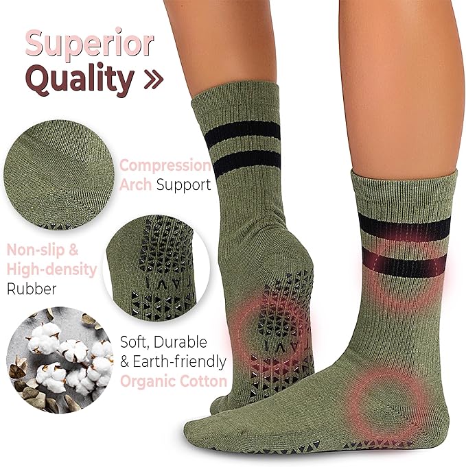 TAVI Kai Fashion Crew Grip Socks - For Slipper Barre, Pilates, and Yoga - with Grips for Women and Men