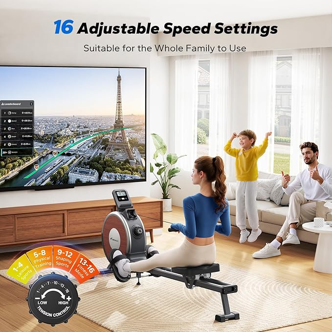 MERACH Rowing Machines for Home, Magnetic Rowing Machine with 16 Levels, Rower Machine of Quiet Resistance, Dual Slide Rail with Max 350lbs Weight Capacity, App Compatible