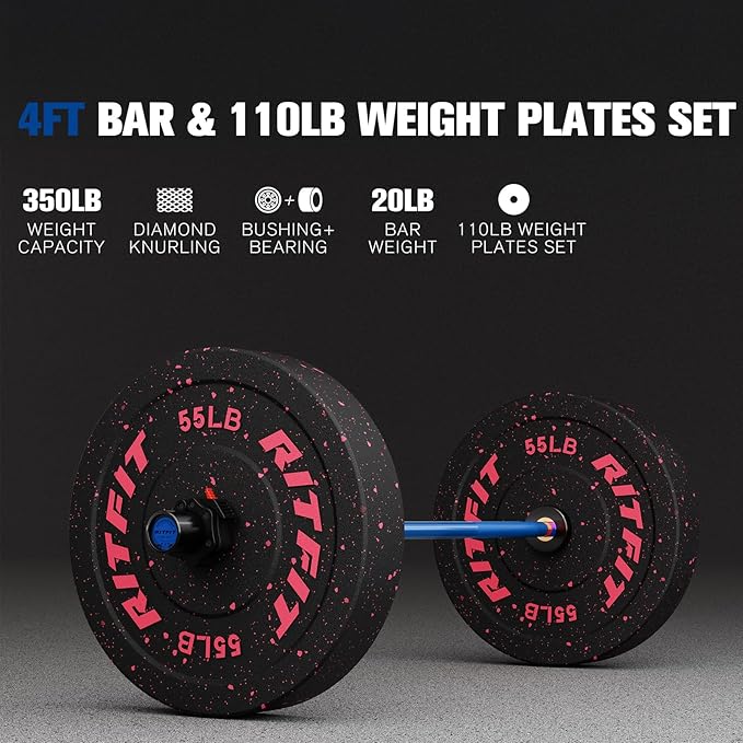 RitFit Barbell Weight Set - 4/6FT Olympic Barbell with Weight Plates (55-275LB Total) - Weightlifting Equipment for Squats, Curls, Deadlifts, Presses, Hip Thrusts