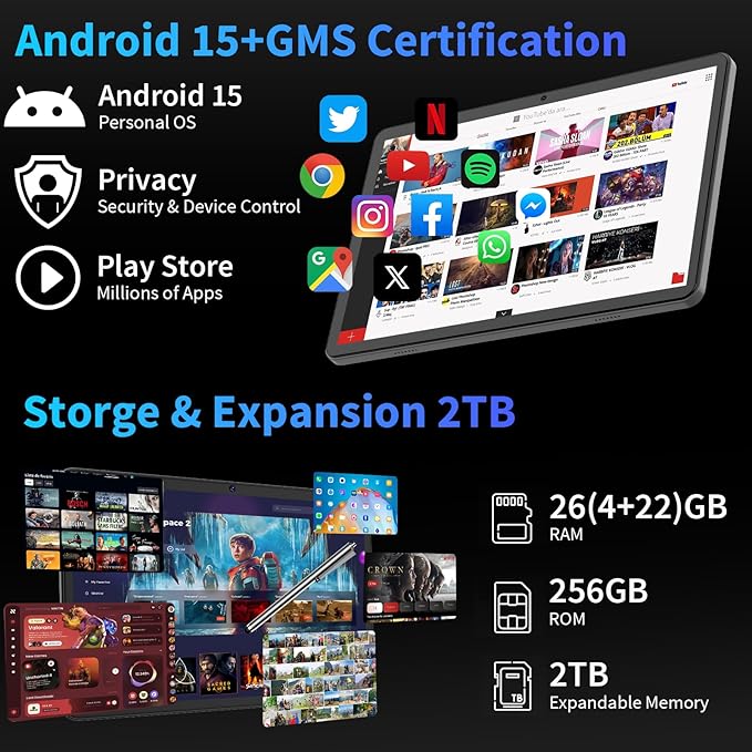 Android 15 Tablet with Keyboard, 26GB+256GB(2TB Expand), 10.1 Inch Tablet 8000 mAh Battery, BT 5.0, 5G WiFi, Widevine L1, Dual Camera, 2 in 1 Tab with Mouse, Case, Stylus（Silver Case）