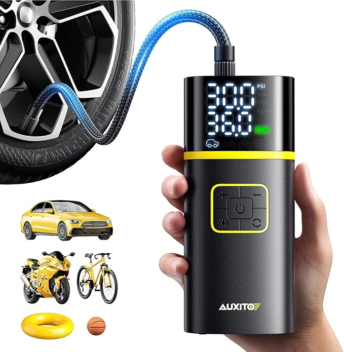 AUXITO Tire Inflator Portable Air Compressor - 150PSI 1Min Fast Inflate Air Pump for Car Tires with Tire Pressure Gauge, LED Flashlight, Portable Tire Inflatores for Car, Sedan, Motorcycle, Bike, Ball