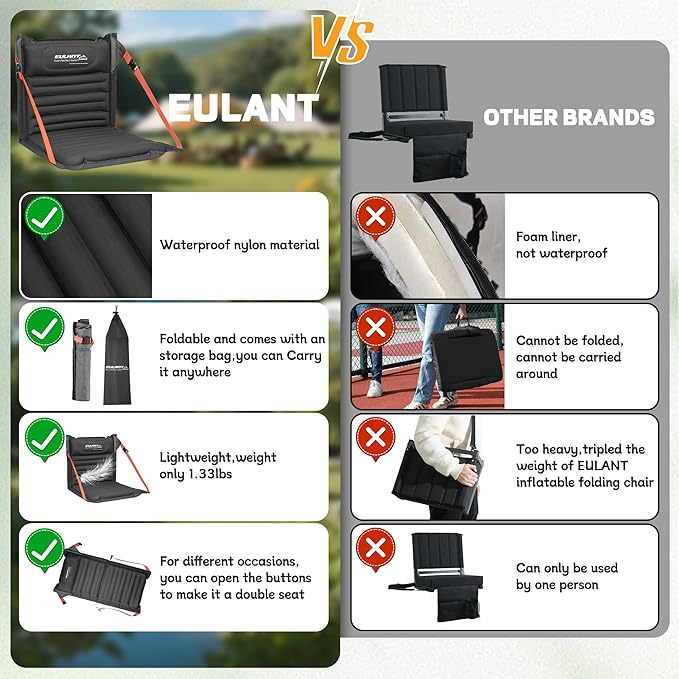 EULANT Lightweight Inflatable Folding Seats for Camping Chair with Back Support and Adjustable Straps,Foldable Bleacher Chairsfor Camping Hiking Sporting Events and Park