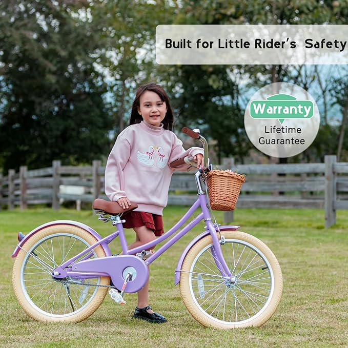 Glerc Little Molly 12-20 Inch Kids Retro Cruiser Bike for 2-13 Year Old with Wicker Basket & Training Wheels/Kickstand, Multiple Colors