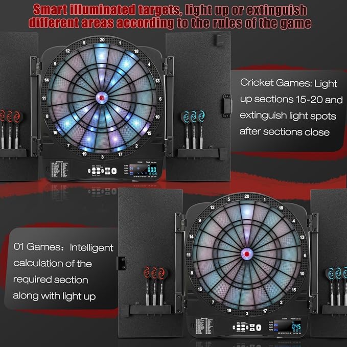 Electronic Dart Board Cabinet Set, Illuminated Target Dartboard for Adults Kids, 48 Games with 315 Variations Soft Tip Digital Dartboard Cabinets with 6 Darts, 100PCS Soft Tips