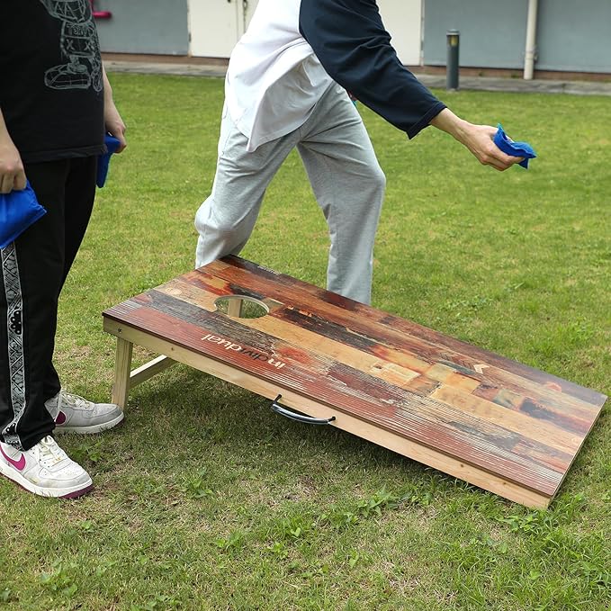 UKASE Solid Wood Regulation Size Cornhole Set Portable Bean Bags Toss Game with Durable Wood Grain Printed Surface and Underneath for Indoor and Outdoor