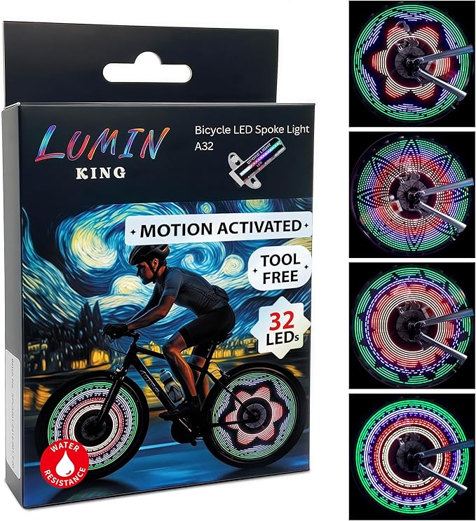 32 LED Spoke Lights - 30 Color Flashing Patterns Automatically Change, Easy Mount Bicycle Lights On Wheel Spokes