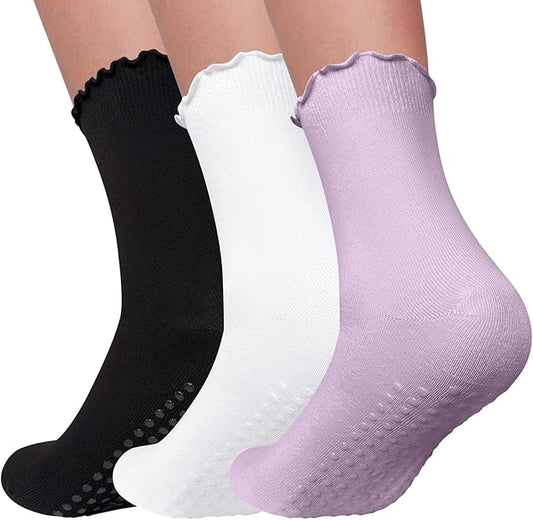3 Pairs Pilates Socks with Grips Non Slip Ruffle Yoga Grip Socks for Women