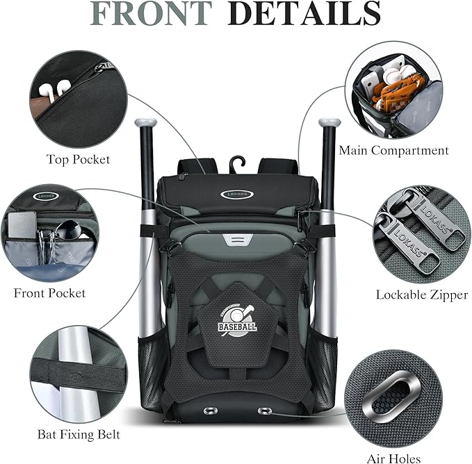 Baseball Backpack for Adult and Youth, Large Capacity Lightweight Softball Bag With Shoe Compartment and Fence Hook for TBall Bat & Equipment, Waterproof for Helmet, Gloves