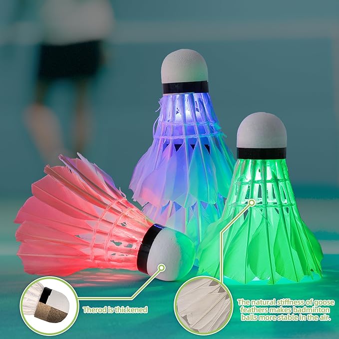 Arespark LED Badminton Shuttlecock, Dark Night Colorful LED Goose Feather Glow Birdies Lighting, Light Up Shuttle-Cocks Badminton Balls for Outdoor & Indoor Sports Activities