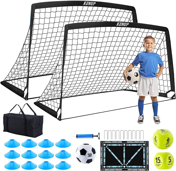 2 Pack Kids Soccer Goal for Backyard Set 5x3FT Portable Pop Up Soccer Net Training Equipment with Soccer Ball, Training Dice Mat, Cones and Carry Bag for Youth Toddler Teams Indoor Outdoor Sport Game