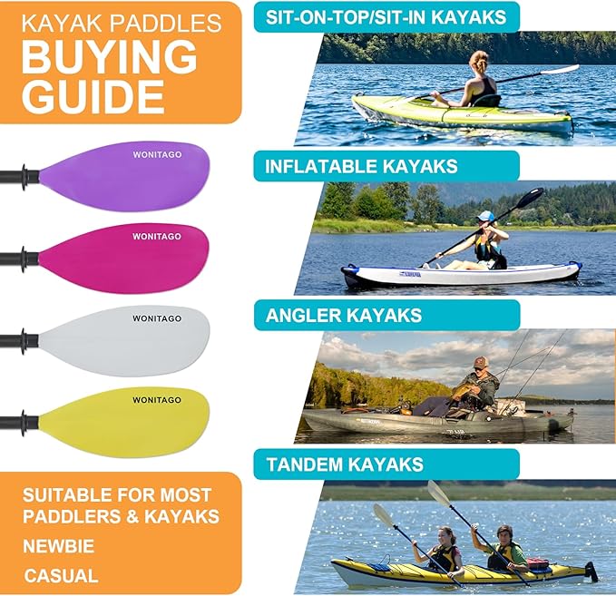 Kayak Paddle with Fiberglass Shaft and Reinforced Nylon Blade, Adjustable Kayaking Oars, 3 Piece, 230-250 cm/90-98 inches, 210-230 cm/82-90 inches