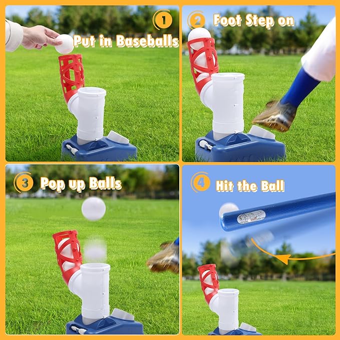 EagleStone Baseball Tee，T-Ball Set for Kids Ages 3-5, Toddler Baseball Set with Step-On Pitching Machine, Adjustable Batting Tee, Bat and 6 Balls - Perfect Outdoor Christmas Toys Gift for Boys
