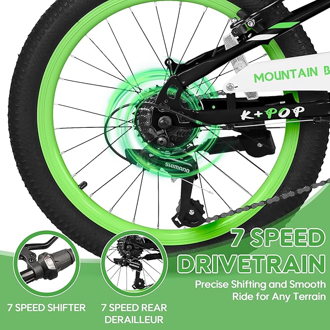 20 24 Inch Kids Bike, 7-Speed Girls Boy Mountain Bike, Front Suspension Fork Kids' Bicycles Girls Boys Bikes Ages 8-12, Front and Rear V Brakes