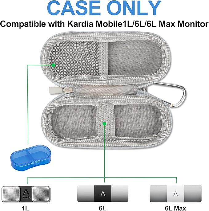 Case for Kardiamobile EKG Monitor, Compatible with Kardiamobile EKG Heart Monitor, Hard Travel Box for Alivecor Kardia Mobile 6L, Pill Box and Carabiner Clip Included