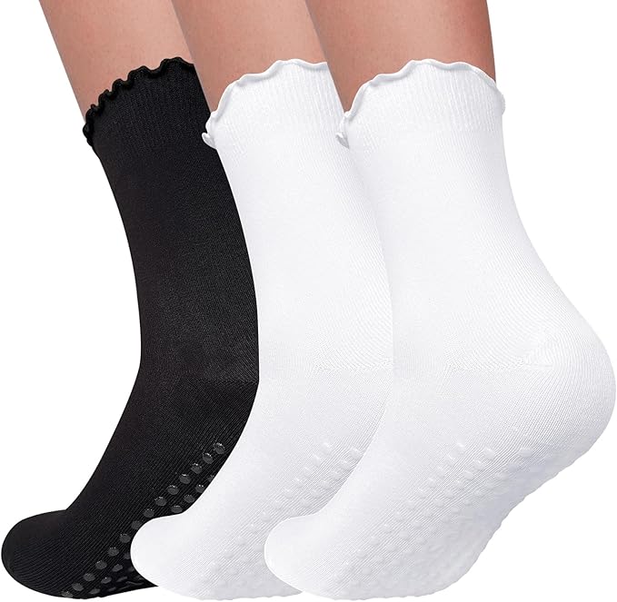3 Pairs Pilates Socks with Grips Non Slip Ruffle Yoga Grip Socks for Women