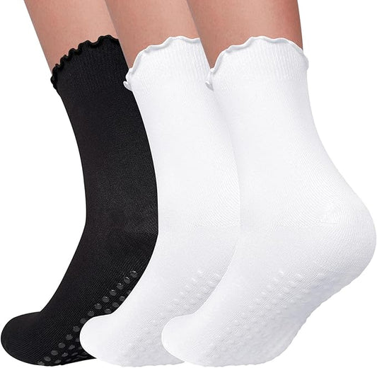 3 Pairs Pilates Socks with Grips Non Slip Ruffle Yoga Grip Socks for Women
