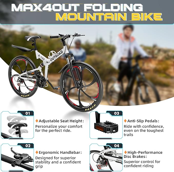 26 Inch Folding Mountain Bike with High Carbon Steel, 21 Speed City Bike with Dual Suspension, Folding Bicycle for Adults Men and Women