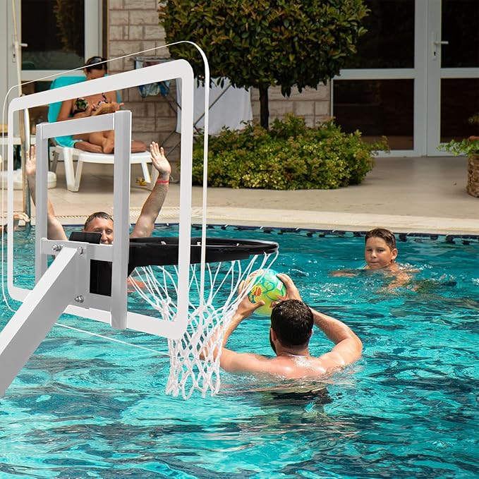 PROGOAL Aluminum Shot and Dunk Poolside Basketball Hoop - In Ground Removable Rust-Resistant Adjustable Height Pool Basketball Game System with Clear Backboard 1/2 Springs Rim and Three Balls
