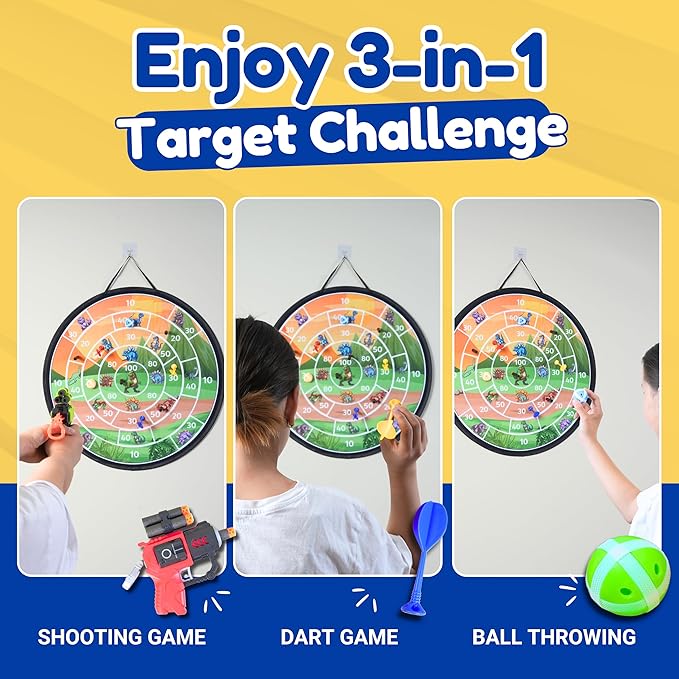 Lula Brands Dart Board for Kids w/Backpack, Shoot Sticky Darts, Balls & Darts, Large 29” Double Sided Indoor Outdoor Sport Party Game, 4 Children Boys Girls 5 6 7 8 9 10 11 12 13