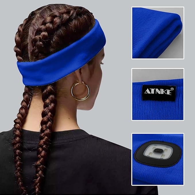 ATNKE 4 LED Lighted Sport Sweatband,USB Rechargeable Running Head Band Lamp High Stretch Wicking Gifts for Men and Women