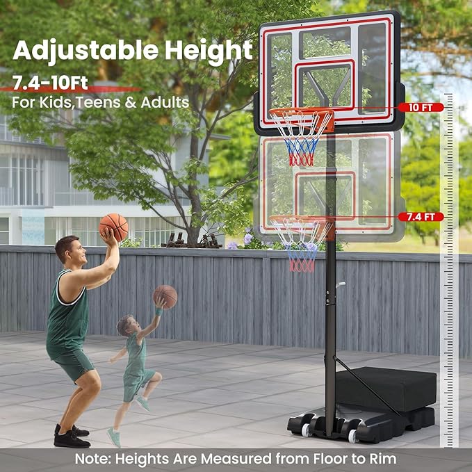 GYMAX Basketball Hoop, 7.4-10 FT Single Hand Rotation Adjustable Basketball Goal with 44” PC Backboard, Fillable Base & Weight Bag, Portable Basketball Hoop for Kids Youth Adults, Backyard Court