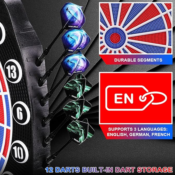 WIN.MAX Electronic Dart Board Soft Tip Dartboard Set LED Displays 3 Languages with 12 Darts 100 Tips Power Adapter