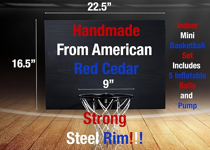 Elite Mini Basketball Hoop & Ball Set, Wall Mount, Indoor Made in The USA Cedar Backboard. Includes 9” Hoop, Net, Pump & 5 Mini Basketballs.