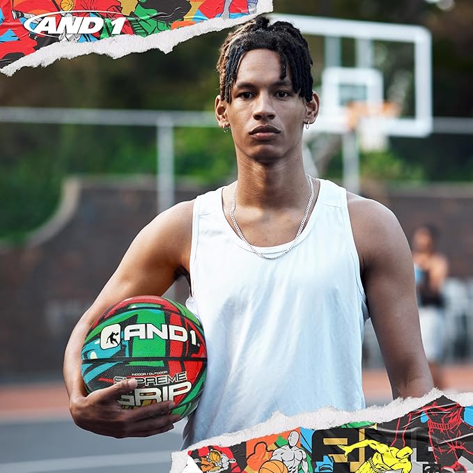 AND1 Supreme Grip Rubber Basketball: Official Regulation Size 7 (29.5 inches) - Deep Channel Construction Streetball, Made for Indoor Outdoor Basketball Games