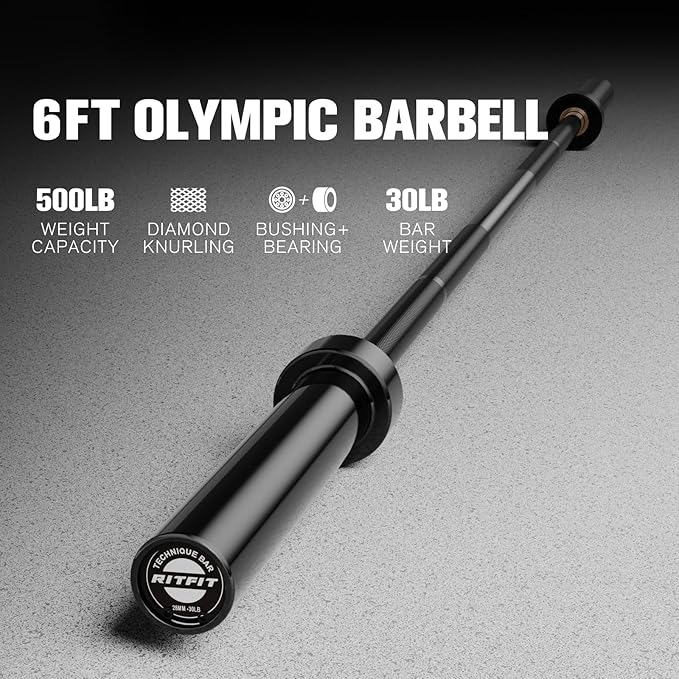 RITFIT Olympic Barbell 4ft/4.8ft/6ft - 2 Inch Weight Bar for Strength Training, Weightlifting, Squat, Deadlift, Bench Press, Curl, Overhead Press - 350lbs/500lbs Capacity
