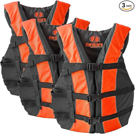 Hardcore Life Jacket 3 Pack Paddle Vest for Adults; Coast Guard Approved Type III PFD Life Vest Flotation Device; Jet ski, Wakeboard, Kayak; Ideal Extra Pontoon Boat Life Jacket