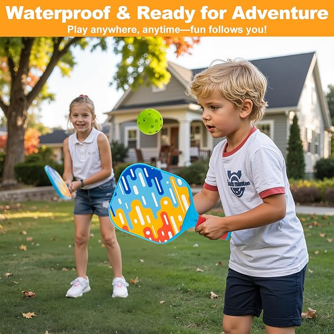 Kids Pickleball Paddles Set of 2 – Lightweight, Durable, Ergonomic Grip for Small Hands, Toddler Outdoor Toys Backyard Games for Kids Ages 4 5 6 7 8 Year Old Boy Girl Birthday Gift, Beginner Ball Game
