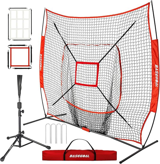 7'×7' Baseball Softball Practice Net,Baseball Backstop,with Batting Tee,for Hitting Pitching Batting Catching with Bow Frame,Bonus Strike Zone