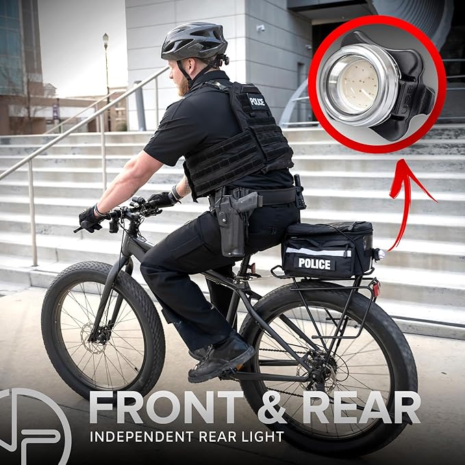 PS1200 Front & OPTIKS P220 Rear Police Patrol Bike Light - Red/Blue Strobe LED - Rechargeable - Water Proof - 5 Modes - for Professional Use Only