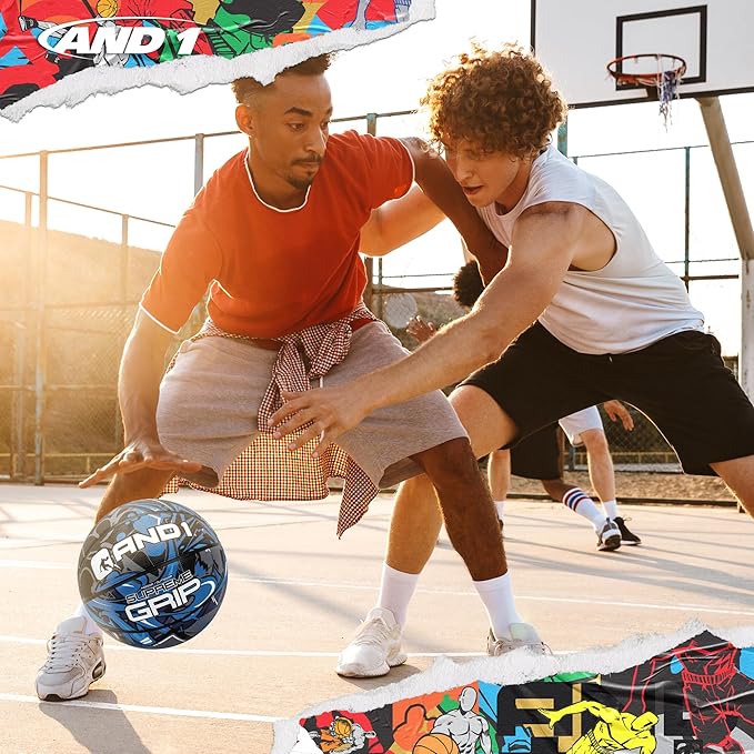 AND1 Supreme Grip Official Regulation Size 7 (29.5 inches) Rubber Basketball - Deep Channel Construction Streetball, Made for Indoor Outdoor Games