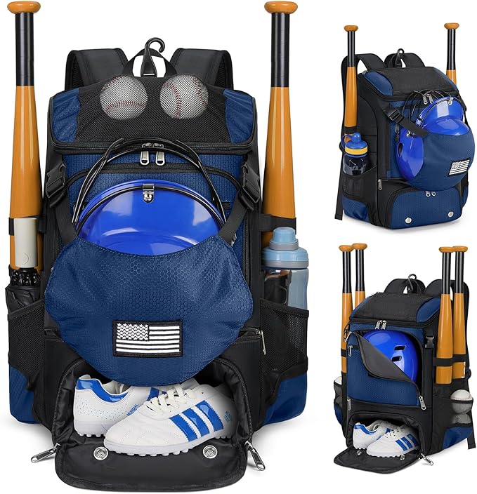 RAINSMORE Baseball Backpack, Lightweight Softball Bag with Shoe Compartment Baseball Bag for Youth & Adult Softball Bat Bag with Fence Hook Helmet Holder Sports Backpack for T-Ball