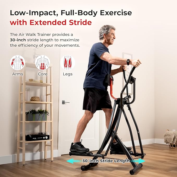 Sunny Health & Fitness Smart Air Walk Elliptical, Foldable Machine w/ 30-INCH Stride, Cardio Cross Trainer Glider for Home Exercise, Free SunnyFit App Bluetooth Link, Optional Adjustable Resistance