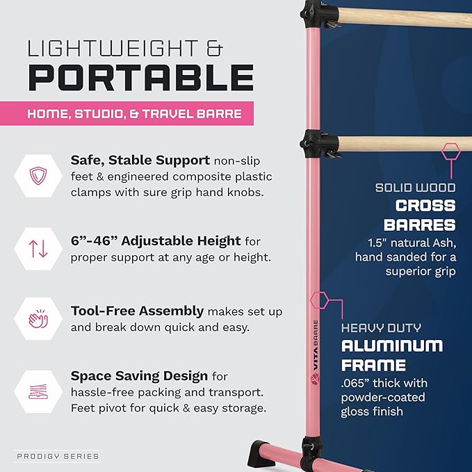 VITA Barre Portable Freestanding Double Ballet Barre, Prodigy, Wood | Adjustable Height, USA Made, Home or Gym Exercise Equipment for Kids & Adults | Dance, Fitness, Pilates