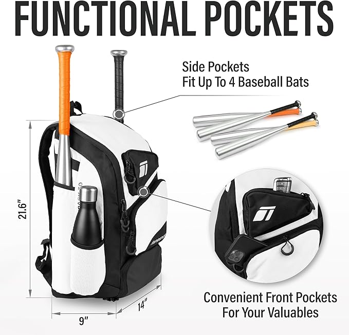 Baseball Bag - Backpack for Baseball, Softball, Tball - Adults & Youth Bat Bag