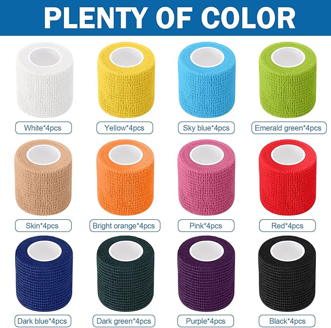 Treela 48 Pack Self Adhesive Wrap Bandage Bulk, 2 Inches X 5 Yards Self Adherent Cohesive Bandage Elastic Athletic Tape Breathable Wound Tape for Stretch Athletic Sports Wrist Ankle(12 Colors)