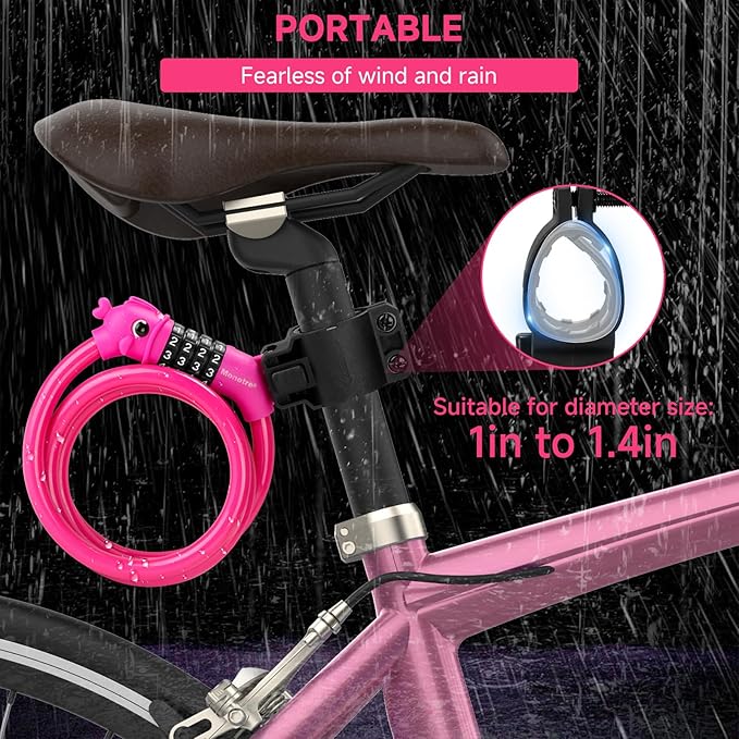 Bike Lock, 3.9 Feet 4-Digit Resettable Combination Password Anti-Theft Cable Lock, Cute Coiled Bike Lock with Mounting Bracket, Suitable for Bicycles, Electric Scooters, Ebikes (Pink-10mm)