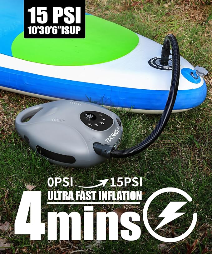 Tuomico Truely Portable Paddle Board Pump 25 PSI High Pressure Sup Air Pump,4 Minutes Fast Inflation, 74WH Rechargeable Battery Powered Electric Air Pump for Inflatable Kayak Boat Float Tent